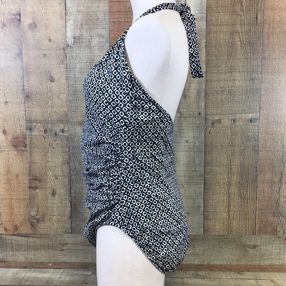 Lands End Black Monogram Print One Piece Swimsuit Womens 16 Underwire Halter - Picture 4 of 14